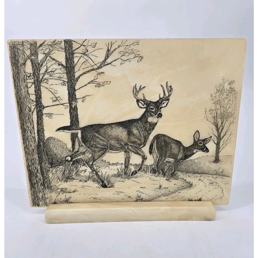Vtg John Wills Studio Cultured Marble Etching Deer Forest 'Elegance In Marble'